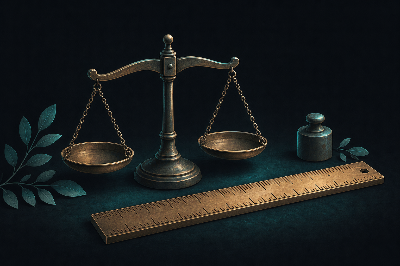 Illustration of a ruler and traditional balance scales.