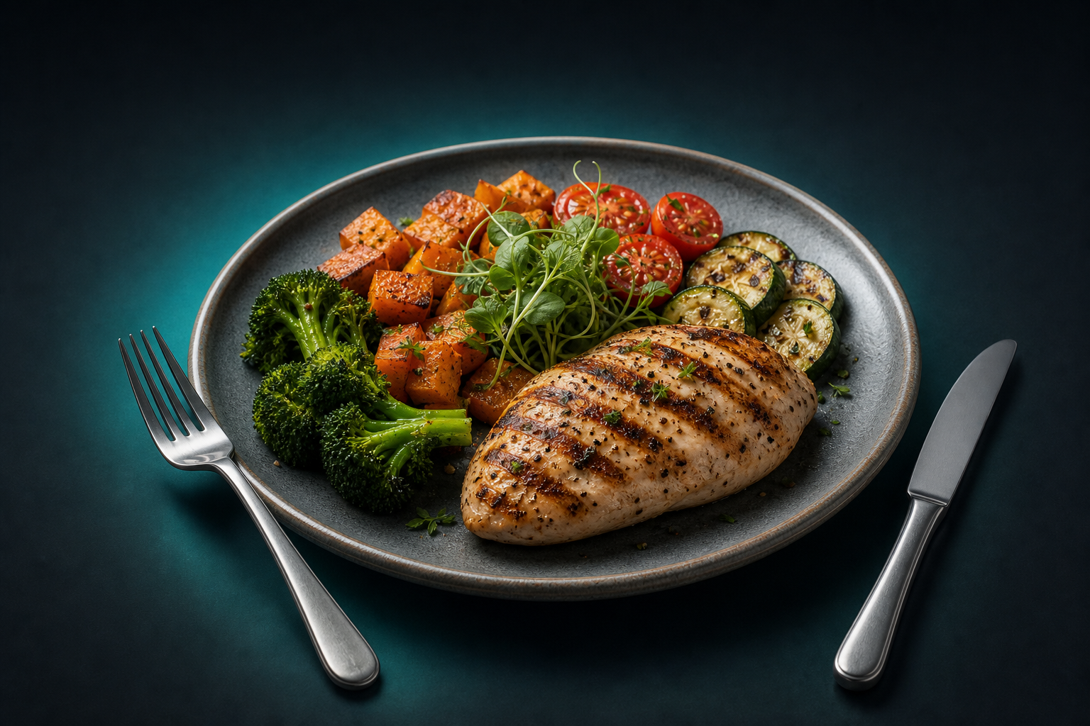 Illustration of a dinner plate with a meal, knife and fork resting on the plate.